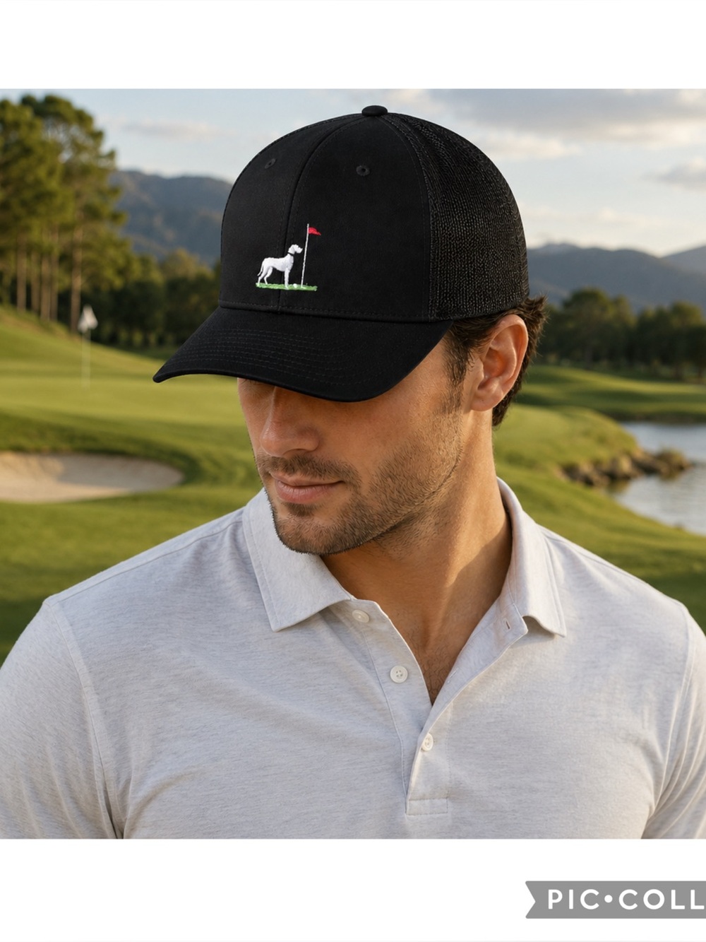 Yupoong Golf Dog Trucker Hat Black Snapback Course Flag Like New
